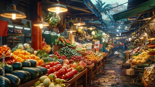 super realistic scene of a bustling farmer   s market with colorful fruits and vegetables 