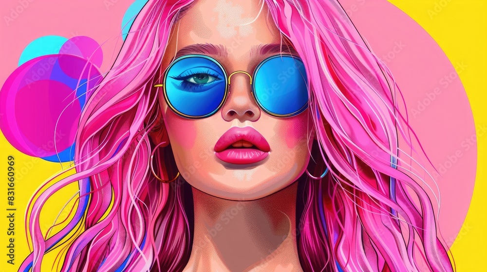 Fashion portrait of a beautiful young woman with pink hair and blue sunglasses.