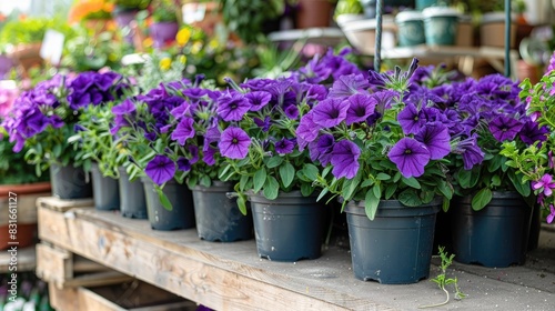 Group of violet Petunia plants for sale in a shop