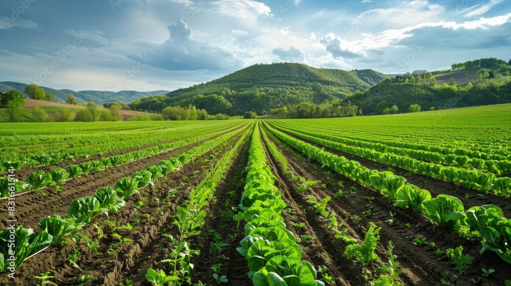 Green vegetable rows in rural agricultural land with a stunning spring landscape in the background