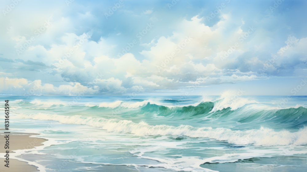 Serene coastal landscape with gentle waves crashing onto the sandy shore under a vibrant, partly cloudy sky. Perfect for tranquil nature scenes.