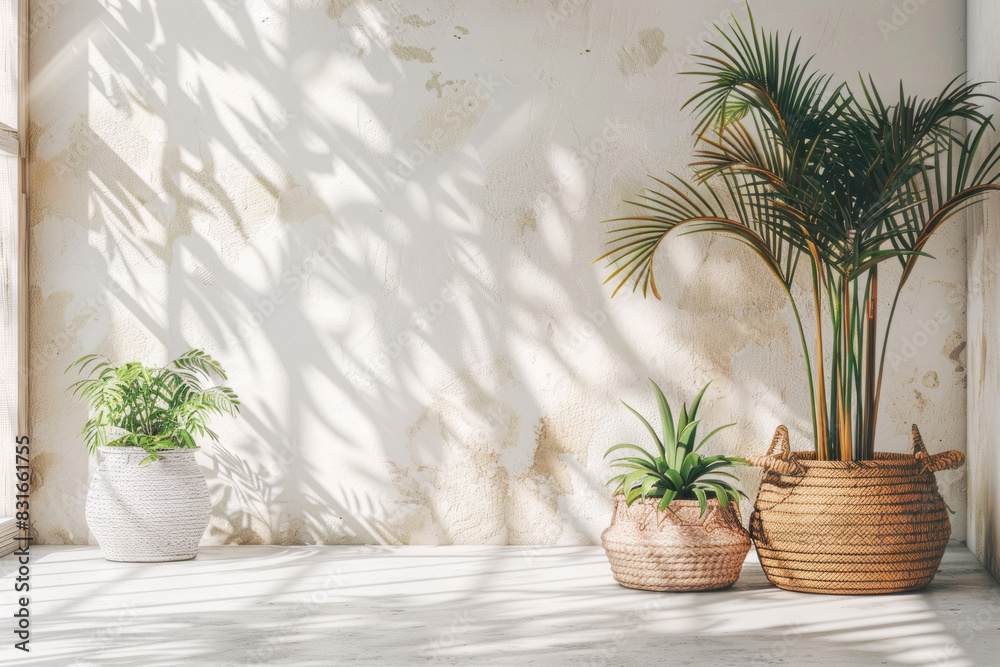 Fototapeta premium A white wall with a plant in a basket and two other plants in pots. The plants are in the sun, casting shadows on the wall. The room has a minimalist and natural feel to it