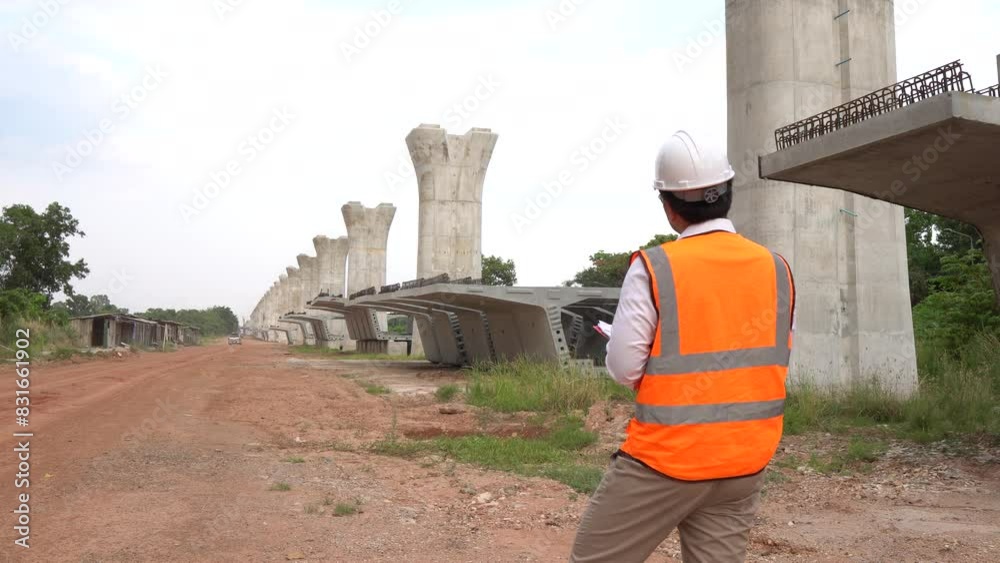 Civil engineer inspects tollway bridge structure,Contractors check specifications before delivering work. Civil engineer inspects tollway bridge structure,Contractors check specifications before delivering work.