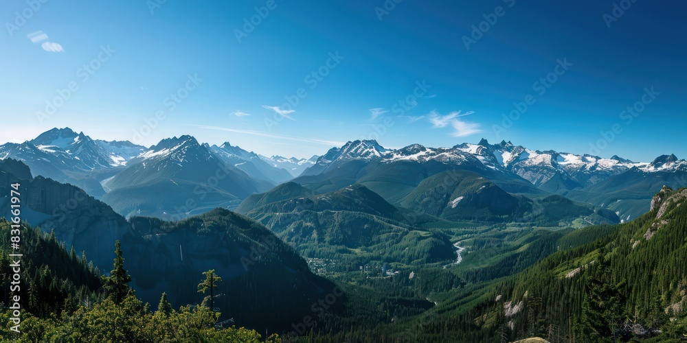 Snow Rocky mountains outdoor landscape. Cloudy blue sky background.