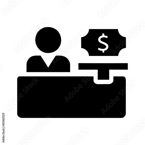 Monochrome Icon Vector Of A Cashier Handling Financial Transactions, Featuring A Businessman With Money At A Counter, Symbolizing Finance In A Minimalist Black And White Design.