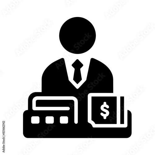 1.	Monochrome Icon Vector Of A Cashier Managing Financial Transactions, Showing A Businessman At A Counter Handling Money In A Minimalist Black And White Design.