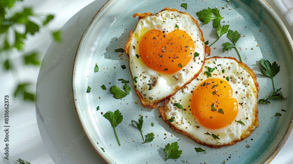 Fried eggs shaped like hearts in plate, top view Fried eggs shaped like hearts in plate, top view