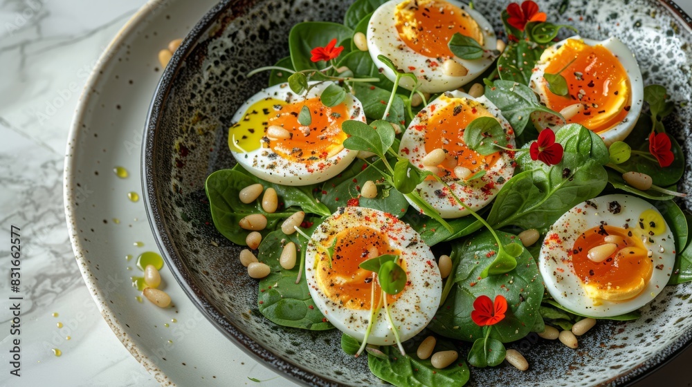 Boiled eggs and fresh spinach, pine nuts, health snack Boiled eggs and fresh spinach, pine nuts, health snack