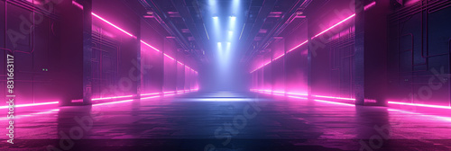 Futuristic corridor illuminated by vertical pink and purple neon lights with sleek modern panels and reflective floor creating an immersive high-tech atmosphere enhanced by misty fog 