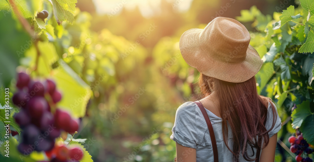 Fototapeta premium Woman in vineyard with straw hat looking at grape clusters