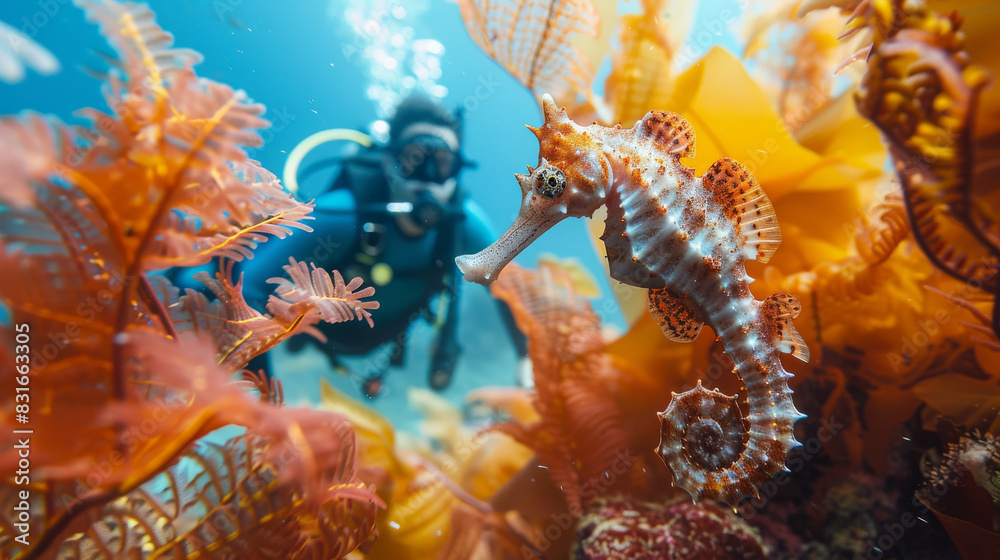 A man in a blue wetsuit is swimming with a sea horse A man in a blue wetsuit is swimming with a sea horse