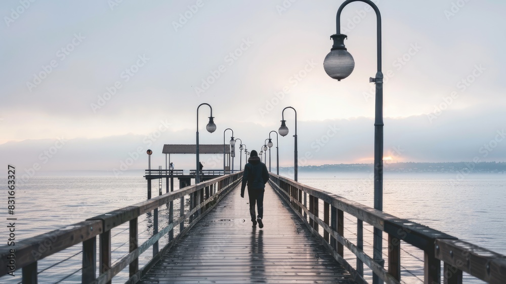 Person walking on pier facing sunrise over calm water