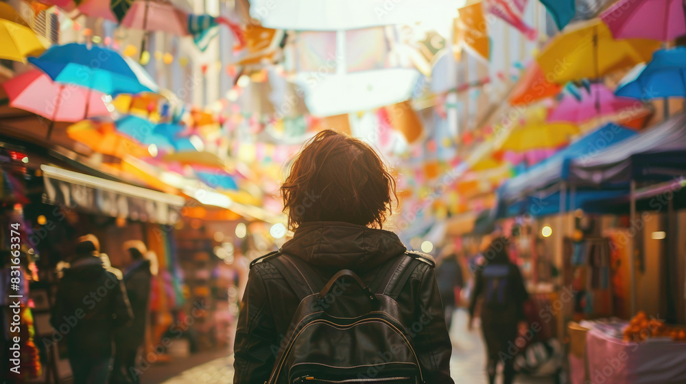 Caucasian woman walking in vibrant market with colorful umbrellas