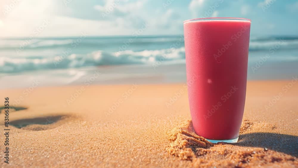 Glass of red juice on sandy beach with ocean waves. Glass of red juice on sandy beach with ocean waves.