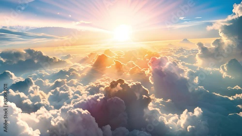 Sunrise above the clouds with sun rays shining.
