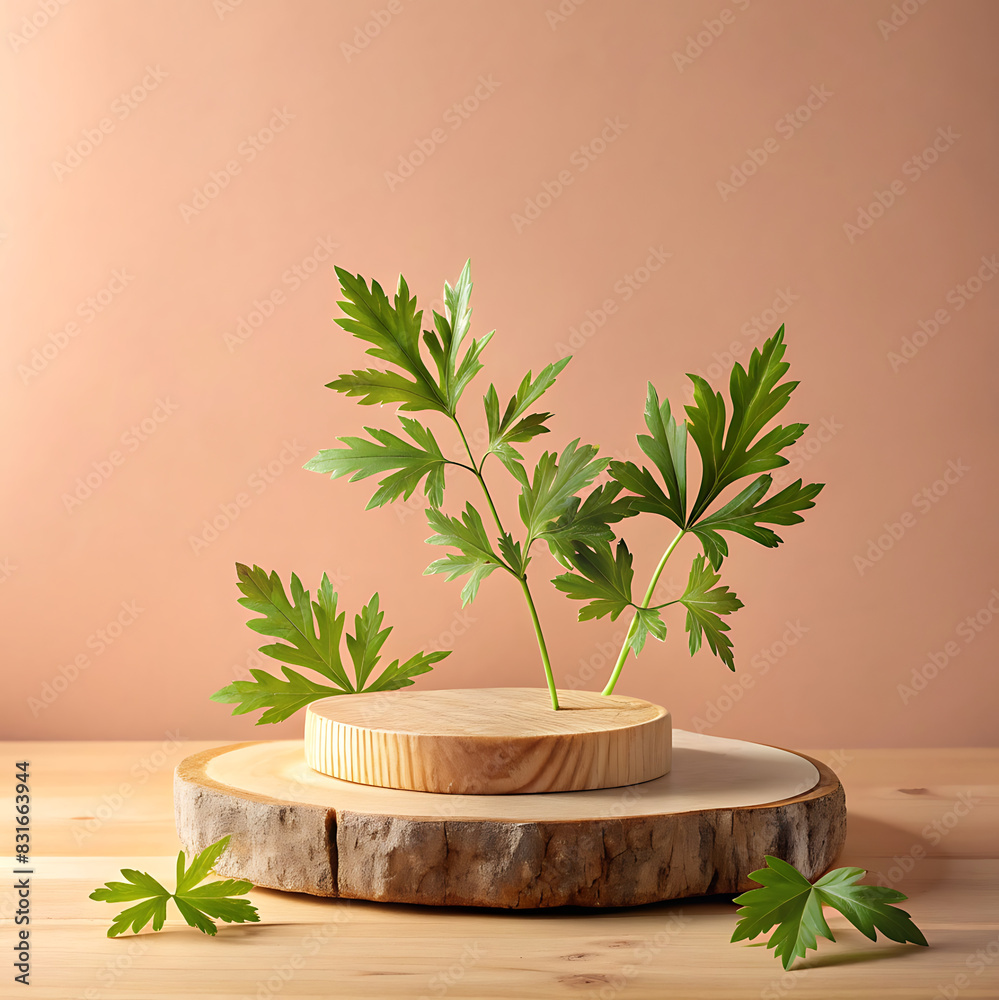Natural Elegance: Wood Podium & Delicate Mugwort Leaves Natural Elegance: Wood Podium & Delicate Mugwort Leaves