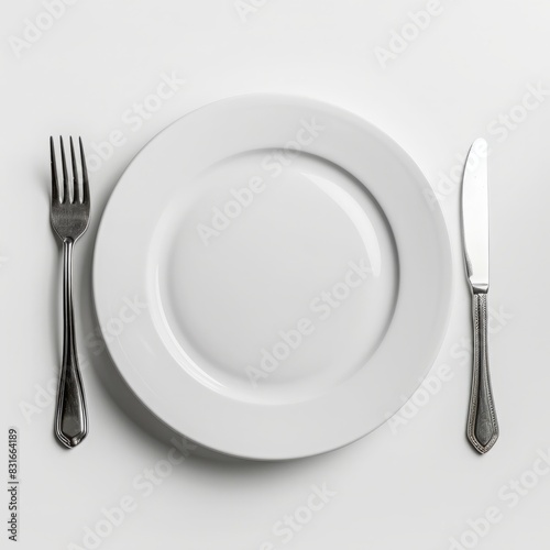 Empty White Plate with Fork and Knife on White Background