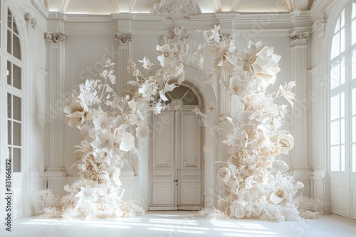 All White Floral Paper Decorations Arching Over a Cathedral Door with Baroque and Crystalline Forms photo