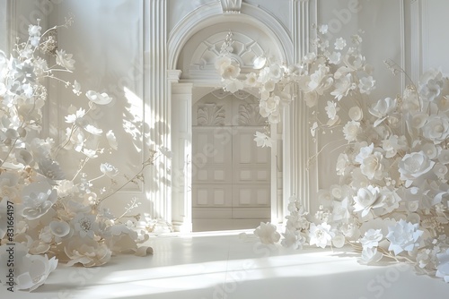 All White Floral Paper Decorations Arching Over a Cathedral Door with Baroque and Crystalline Forms photo