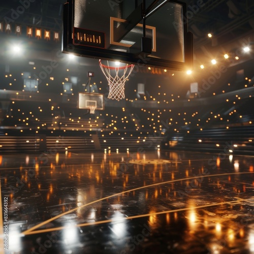 a black basketball court with a clear glass backboard hoop  lights in the stadium illuminated with gold