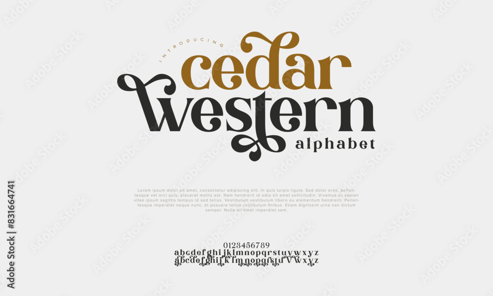 Cedar premium luxury elegant alphabet letters and numbers. Vintage wedding typography classic serif font decorative vintage retro. creative vector illustration