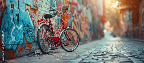 Bicycle Leaning Against Vibrant GraffitiCovered Wall in Urban Setting photo