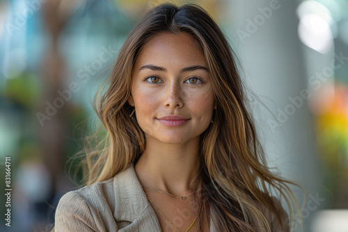 Beautiful Young Mixed-Race Woman in a Stylish Outfit Smiling Confidently Outdoors