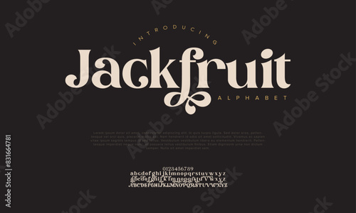 Jackfruit premium luxury elegant alphabet letters and numbers. Vintage wedding typography classic serif font decorative vintage retro. creative vector illustration