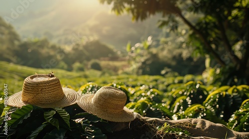 A sunlit coffee plantation field with straw hats and old-fashioned clothing items. photo
