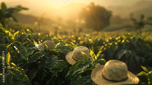 A sunlit coffee plantation field with straw hats and old-fashioned clothing items. photo