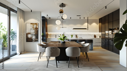 A modern living room with a large dining table and chairs