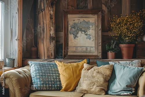 Rustic wooden frame mockup with a vintage map print  adding character to a cozy living room corner.