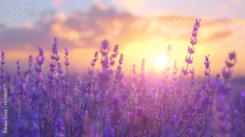 a lavender field at sunrise with a clear blue sky  perfect lighting 