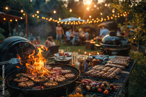Patriotic BBQ party, friends and family, grilling, backyard celebration