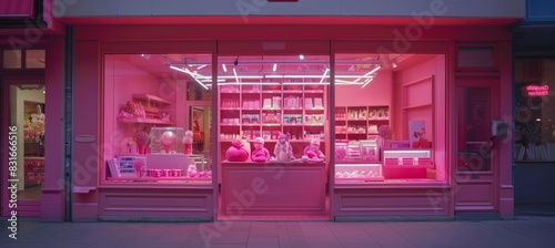 a toy store window, viewed from the street, pink theme photo