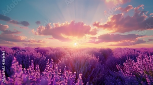 a lavender field at sunrise with a clear blue sky, perfect lighting, © Ayesha