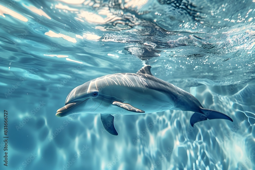 Naklejka premium Dolphin swimming underwater with sunlight reflections. Close-up of a dolphin in clear blue water. Marine life and ocean exploration concept for design and print