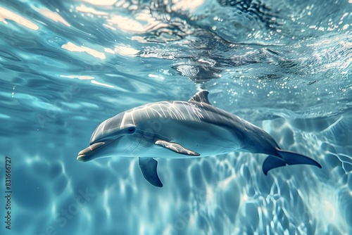 Dolphin swimming underwater with sunlight reflections. Close-up of a dolphin in clear blue water. Marine life and ocean exploration concept for design and print
