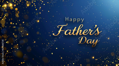 Vector illustration of the text "Happy Father's Day" on a dark blue background with a blurred effect, in a golden color and white font style. The design is simple yet elegant