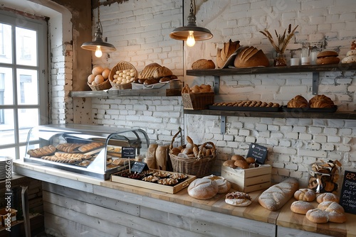 Scandinavian bakery whitewashed brick walls, display case with pastries, hanging basket with bread. photo