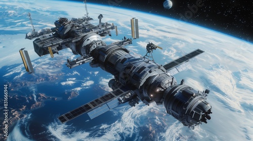 a futuristic space station orbiting Earth, detailed textures, and perfect lighting, © Ayesha