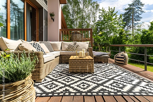 Scandinavian balcony with a wooden deck, a woven rug with geometric patterns, and comfortable outdoor furniture with plush cushions.
