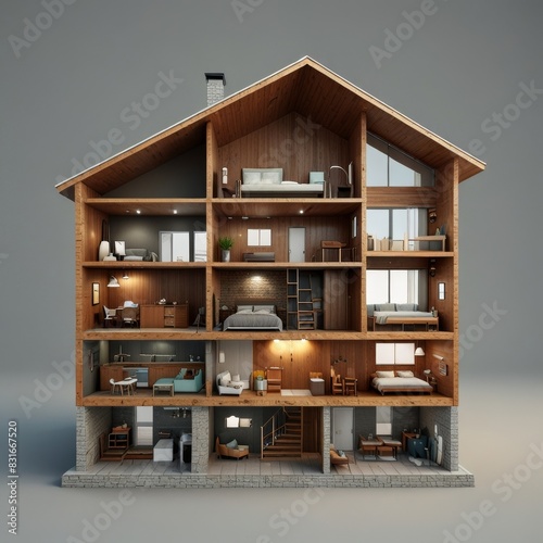 Modern home cross section, 3d rendering minimalist