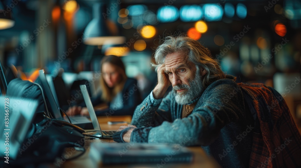 distressed tired middle aged man sitting at desk working laptop in office. distressed tired middle aged man sitting at desk working laptop in office.