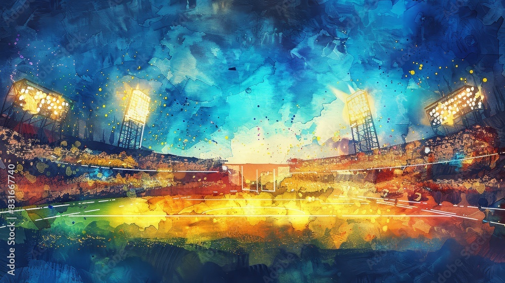 Colorful Stadium Illustration in Watercolor Style - A vivid and energetic watercolor painting capturing the excitement of a stadium filled with spectators and bright lights