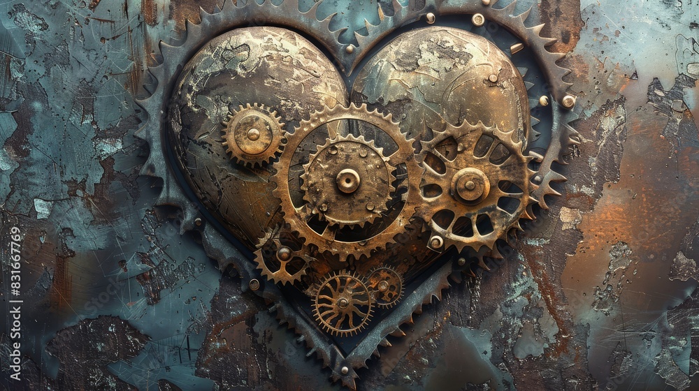 Fototapeta premium Steampunk heart with rustic gears and patina - A beautifully crafted heart featuring steampunk-style gears and a rustic patina, symbolizing love and the passage of time