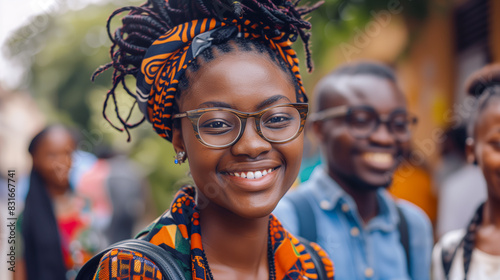 A cheerful African student with glasses and a vibrant headwrap smiles confidently outdoors  concept of hope and a bright future