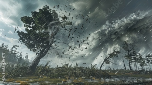 Dramatic scene of a powerful tornado tearing through a forest, with debris flying and trees bending in the storm.