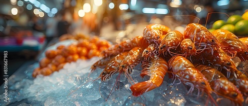 A seafood market with fresh fish, shrimp, and shellfish displayed on ice. The market is busy with customers and vendors preparing seafood. HD realistic look captured by an HD camera photo