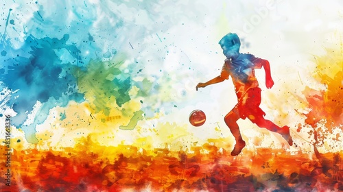 Running Soccer Player in Watercolor Style - A football  soccer  player depicted in a sprint with a unique watercolor treatment on a vibrant background